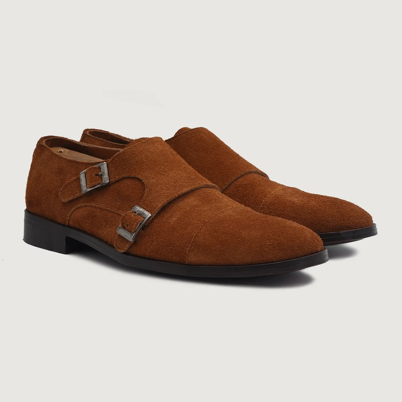 Boston Double Monk Strap Brun Suede Leather Shoes för Herr