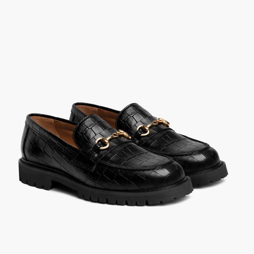 Penny Svart & Gold Croco Leather Loafers för Dam