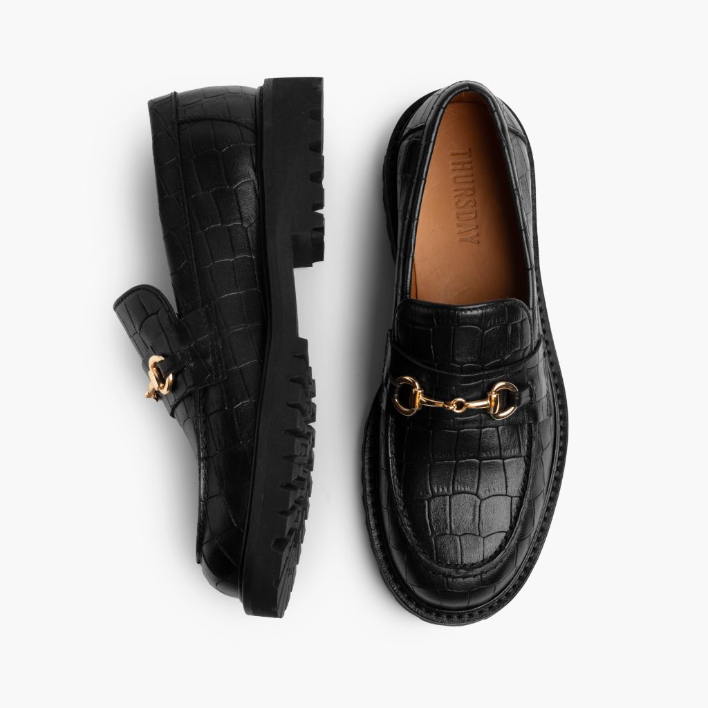 Penny Svart & Gold Croco Läderloafers för Dam - Förstärkt hälkappa och precisa dubbla sömmar