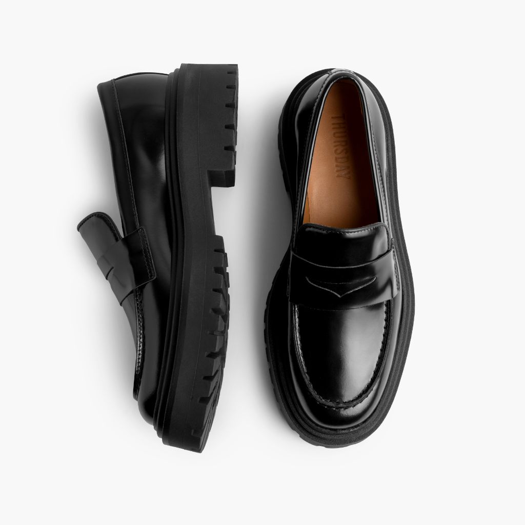 Penny Platform Svart Läderloafers för Dam - Förstärkt hälkappa och precisa dubbla sömmar