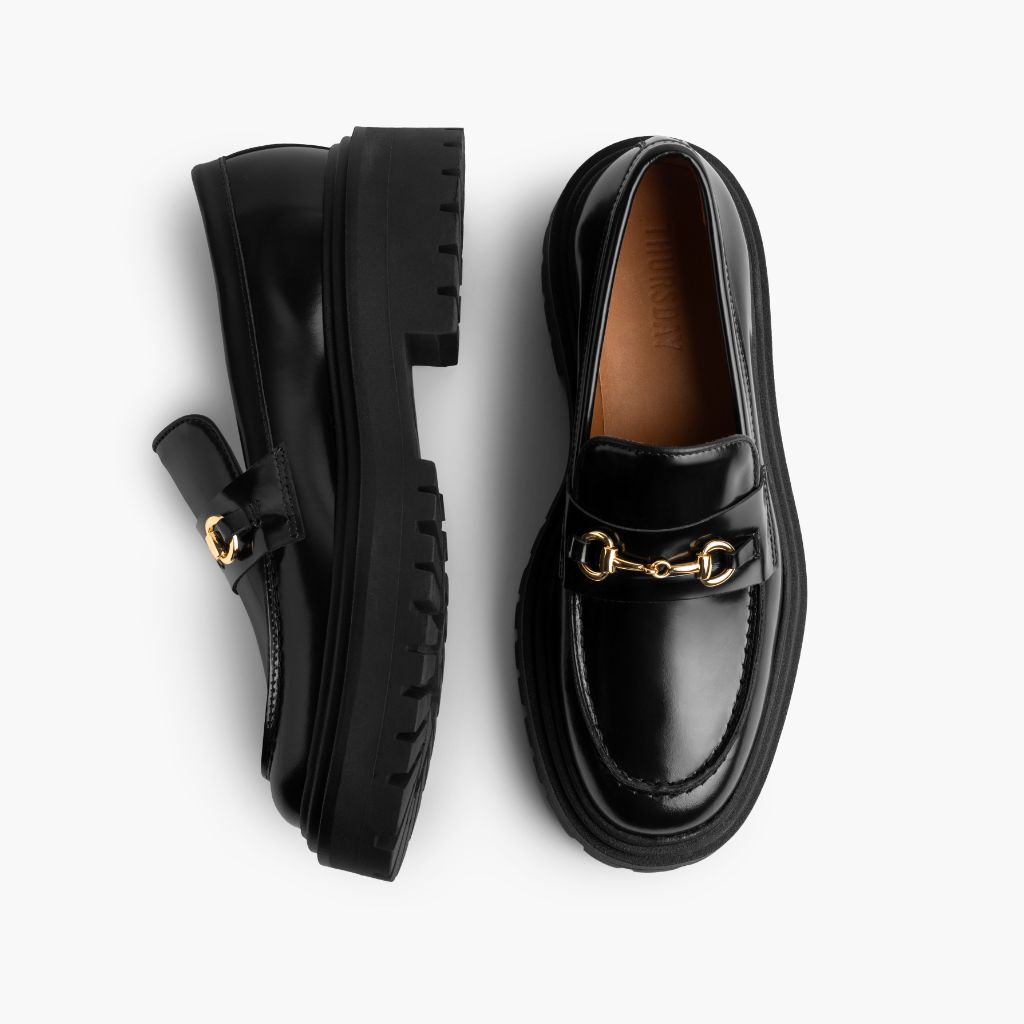 Penny Platform Svart & Gold Läderloafers för Dam - Förstärkt hälkappa och precisa dubbla sömmar