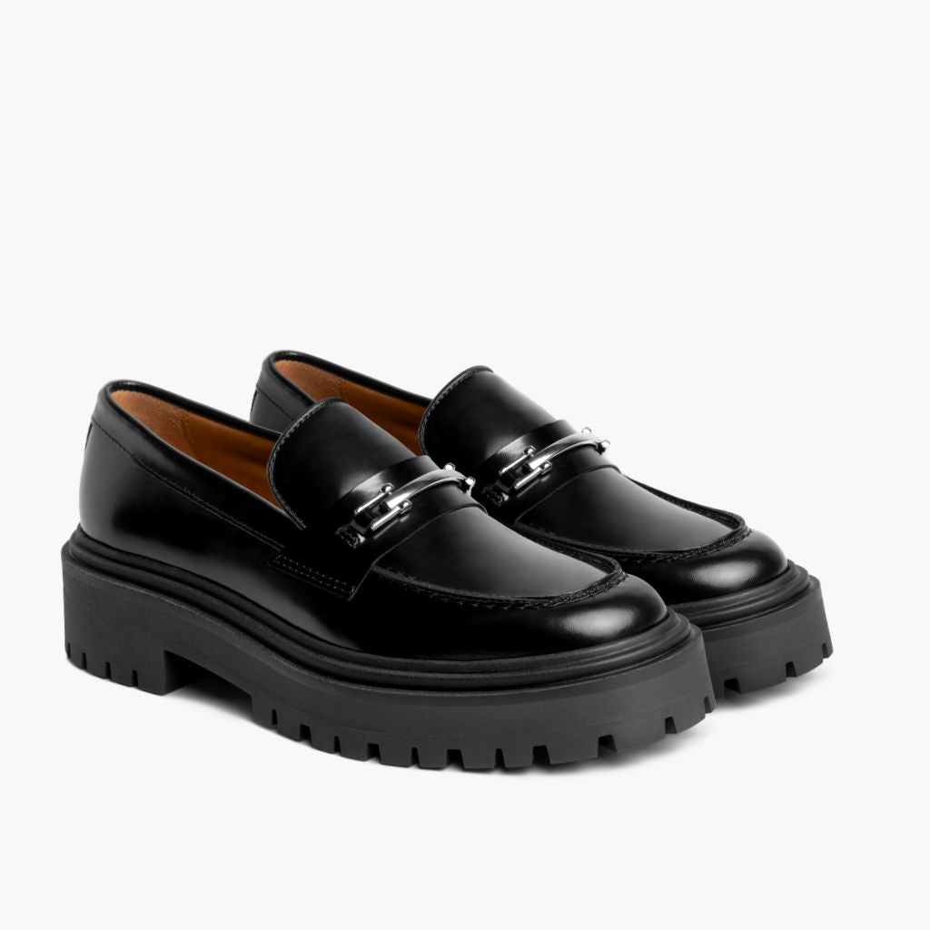 Penny Platform Svart & Silver Läderloafers för Dam i svart äkta nötskinn - Sidovy | Handla online