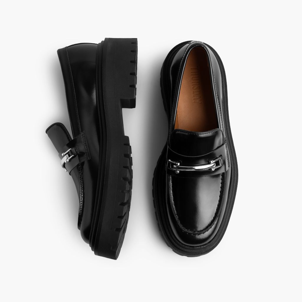 Penny Platform Svart & Silver Läderloafers för Dam - Förstärkt hälkappa och precisa dubbla sömmar