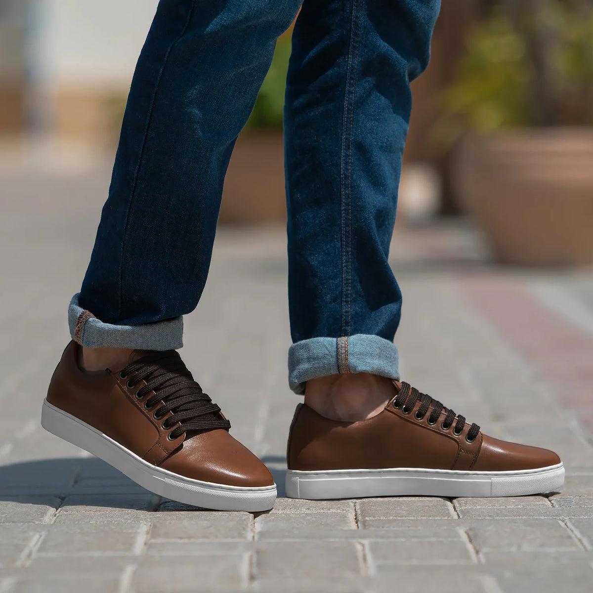 Tan Full-Grain leather Sneakers - Ritsrandsydd Goodyear-konstruktion och tåhätta