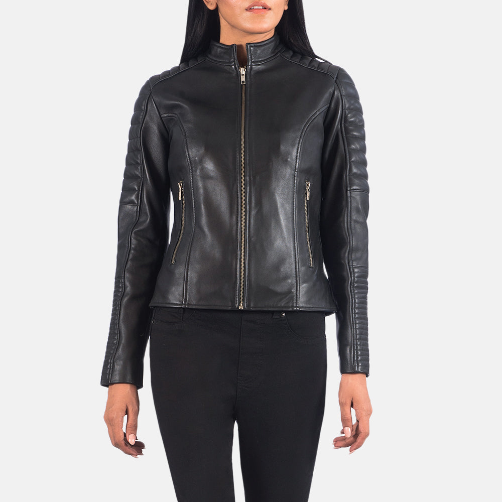 
Black Sheepskin Leather Biker Jacket - Bakifrån med perfekt axelpassform och ren fåll