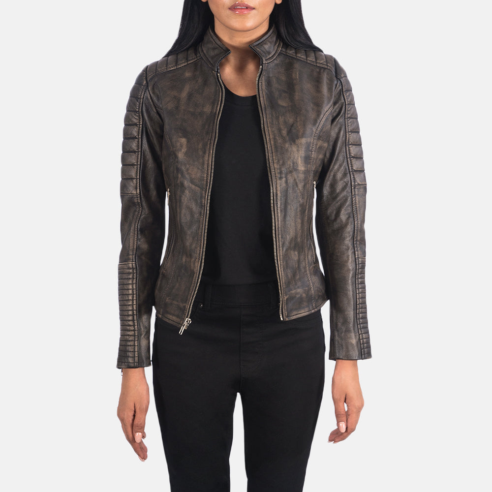 
Adalyn Quiltad Distressed Brun Bikerjacka i Läder för Dam in Distressed Brown Goatskin Leather - Framifrån med skräddarsydd silhuett | Handla online