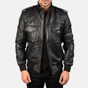 Men's Agent Shadow Svart Bomberjacka i Läder för Herr in Black Sheepskin Leather - Front Profile View &amp; Tailored Silhouette | Buy Online