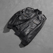Styled Fit Perspective of Men's Agent Shadow Svart Bomberjacka i Läder för Herr on Model - Natural Daylight Drape