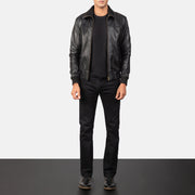 Men's Air Rolf Svart Bomberjacka i Läder för Herr - Lateral Side Profile View Showing Sleeve Cut &amp; Athletic Taper Fit