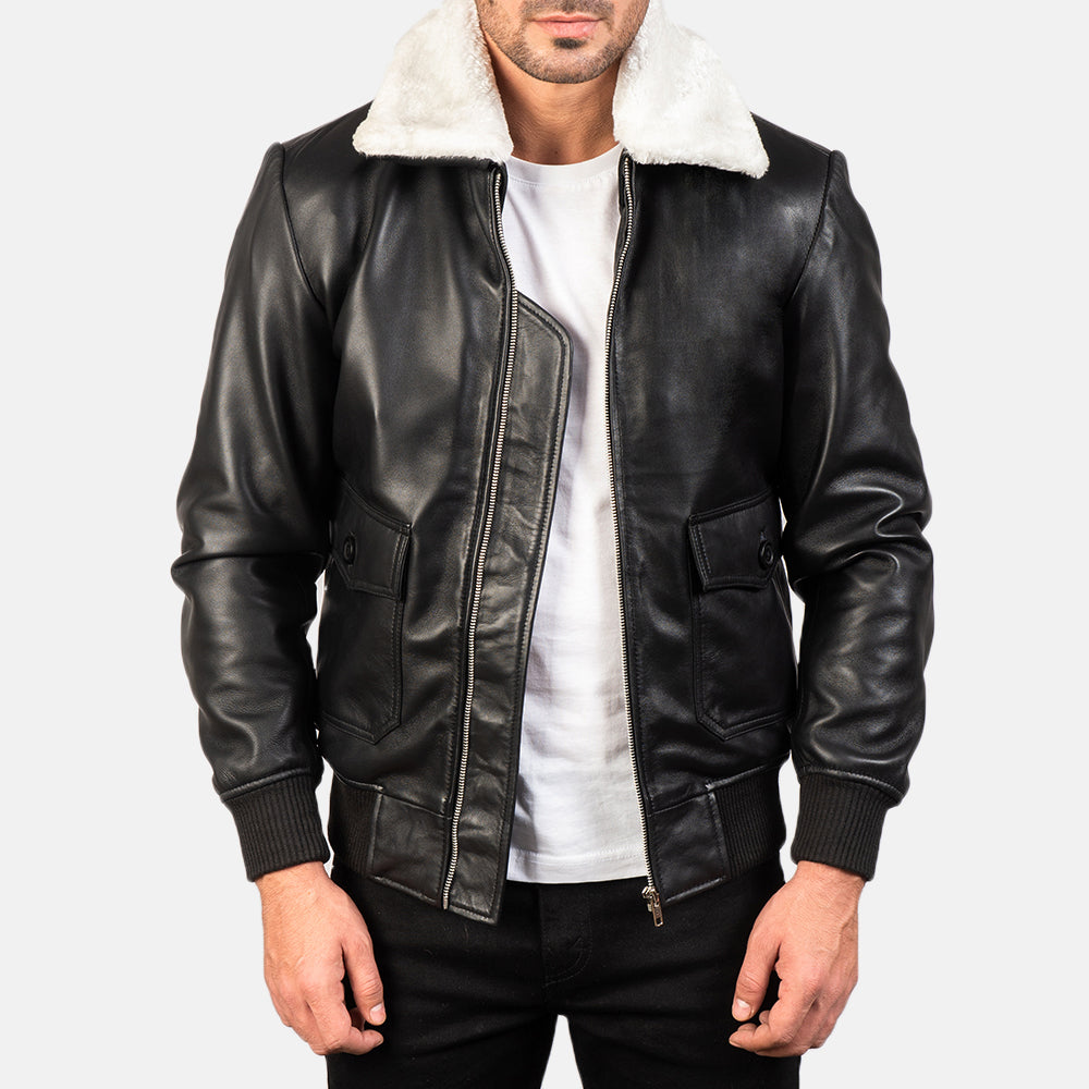 
Airin G-1 Black & White Leather Bomber Jacket in Black Sheepskin Leather - Framifrån med skräddarsydd silhuett | Handla online
