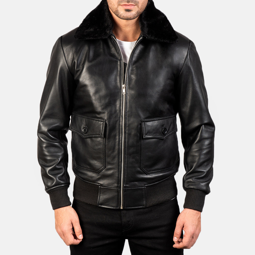 
Närbildsdetalj of Shirt with Removable Fur & Zipper Hardware on Airin G-1 Svart Bomberjacka i Läder för Herr