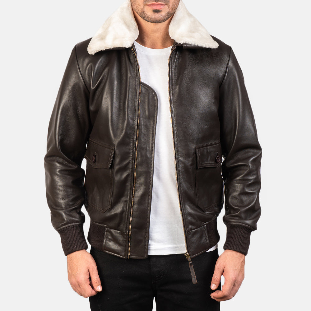 Men's Airin G-1 Brun Bomberjacka i Läder för Herr in Brown Sheepskin Leather - Front Profile View &amp; Tailored Silhouette | Buy Online