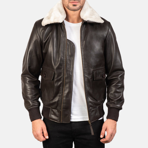 Men's Airin G-1 Brown Leather Bomber Jacket in Brown Sheepskin Leather - Front Profile View & Tailored Silhouette | Buy Online