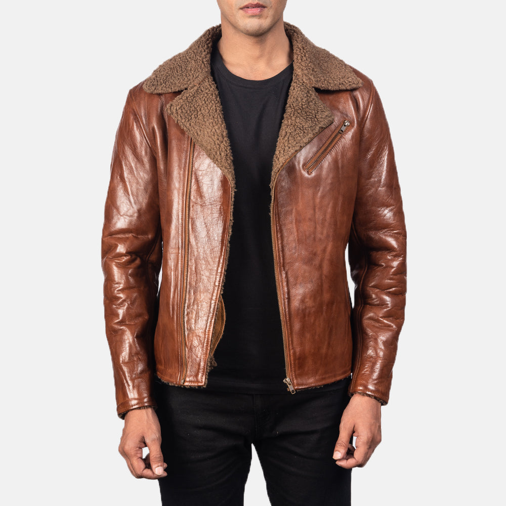 Men's Alberto Shearling Brun Läderjacka för Herr in Brown Sheepskin Leather - Front Profile View &amp; Tailored Silhouette | Buy Online