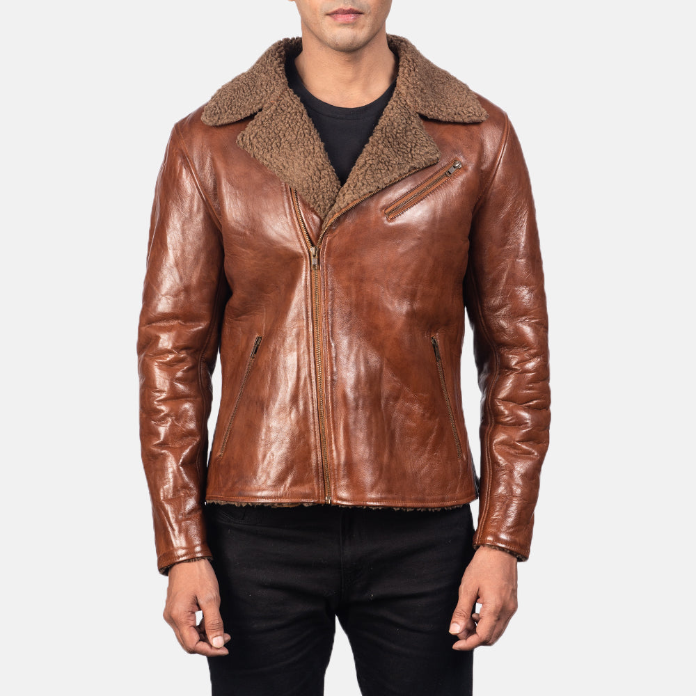 Men's Alberto Shearling Brun Läderjacka för Herr - Lateral Side Profile View Showing Sleeve Cut &amp; Athletic Taper Fit
