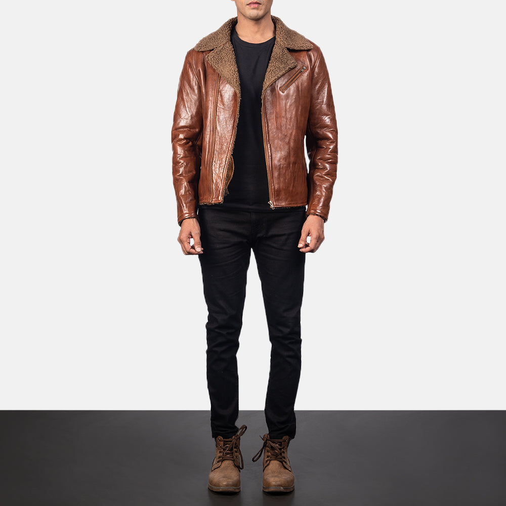 Close-Up Detail of Notch &amp; Zipper Hardware on Men's Alberto Shearling Brun Läderjacka för Herr