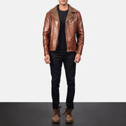 Close-Up Detail of Notch &amp; Zipper Hardware on Men's Alberto Shearling Brun Läderjacka för Herr