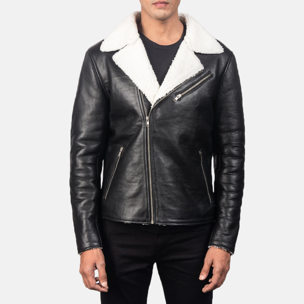 Men's Alberto White Shearling Svart Läderjacka för Herr - Lateral Side Profile View Showing Sleeve Cut &amp; Athletic Taper Fit