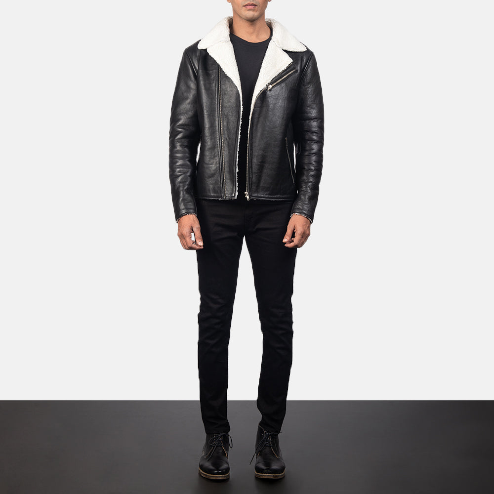 Close-Up Detail of Notch &amp; Zipper Hardware on Men's Alberto White Shearling Svart Läderjacka för Herr