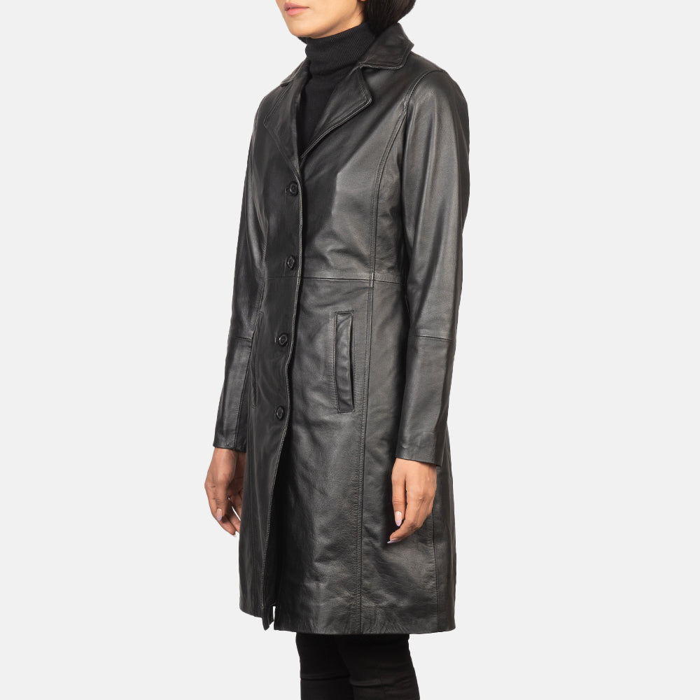 Women's Alexis Svart Single Breasted Leather Coat för Dam - Lateral Side Profile View Showing Sleeve Cut &amp; Athletic Taper Fit