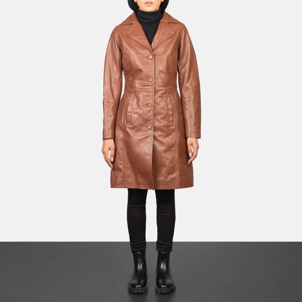 Women's Alexis Brun Single Breasted Leather Coat för Dam - Lateral Side Profile View Showing Sleeve Cut &amp; Athletic Taper Fit