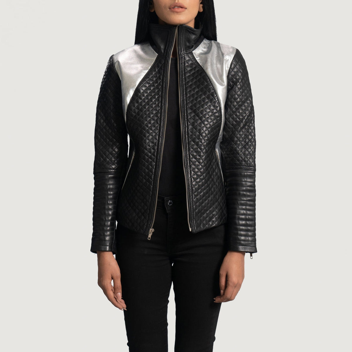 Women's Alia Metallic Svart Bikerjacka i Läder för Dam in Black Sheepskin Leather - Front Profile View &amp; Tailored Silhouette | Buy Online