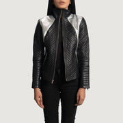 Women's Alia Metallic Svart Bikerjacka i Läder för Dam in Black Sheepskin Leather - Front Profile View &amp; Tailored Silhouette | Buy Online