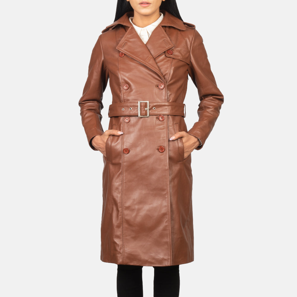 Women's Alice Brun Double Breasted Leather Coat för Dam - Lateral Side Profile View Showing Sleeve Cut &amp; Athletic Taper Fit