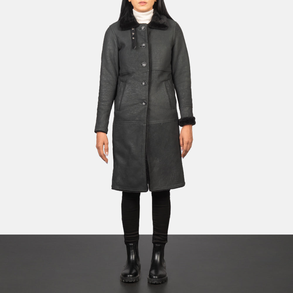Women's Alina Shearling Svart Leather Coat för Dam in Distressed Black Sheepskin Leather - Front Profile View &amp; Tailored Silhouette | Buy Online