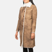 Women's Alina Shearling Brun Leather Coat för Dam in Distressed Brown Sheepskin Leather - Front Profile View &amp; Tailored Silhouette | Buy Online