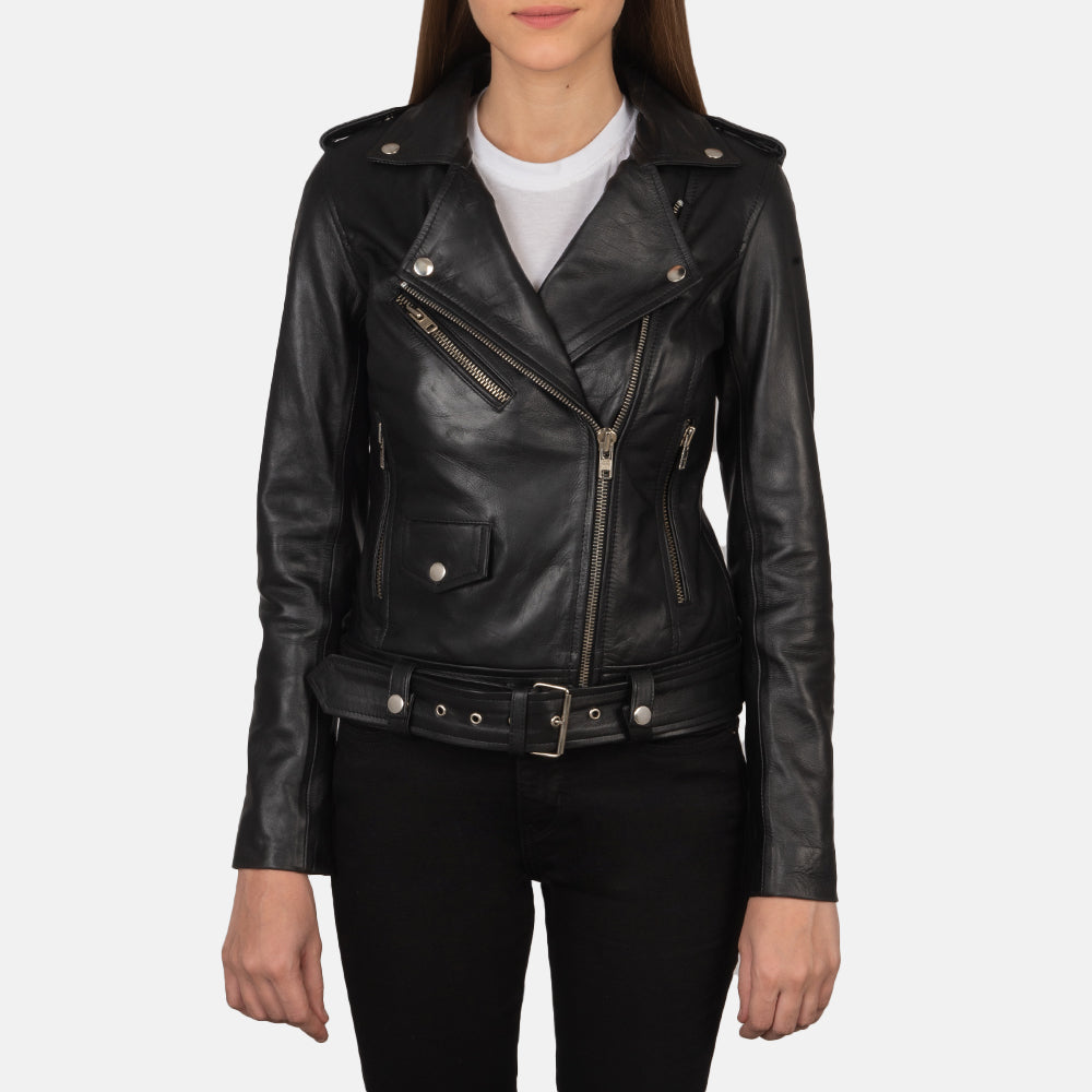 Women's Alison Svart Bikerjacka i Läder för Dam in Black Cowhide Leather - Front Profile View &amp; Tailored Silhouette | Buy Online