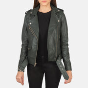 Women's Alison Green Bikerjacka i Läder för Dam in Green Sheepskin Leather - Front Profile View &amp; Tailored Silhouette | Buy Online