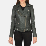 Close-Up Detail of Notch &amp; Zipper Hardware on Women's Alison Green Bikerjacka i Läder för Dam