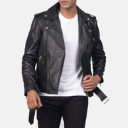 
Närbildsdetalj of Notch & Zipper & Waist belt Hardware on Allaric Alley Black Leather Biker Jacket