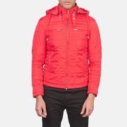 
Närbildsdetalj of High neck with Belt & Zipper Hardware on Alps Quilted Red Windbreaker Jacket