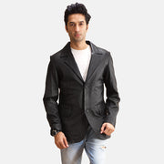 Alyson Svart Leather Blazer för Herr in Black Sheepskin Leather - Front Profile View &amp; Tailored Silhouette | Buy Online