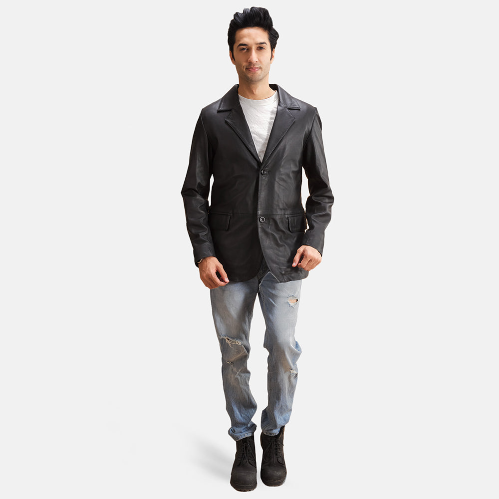 Alyson Svart Leather Blazer för Herr - Lateral Side Profile View Showing Sleeve Cut &amp; Athletic Taper Fit