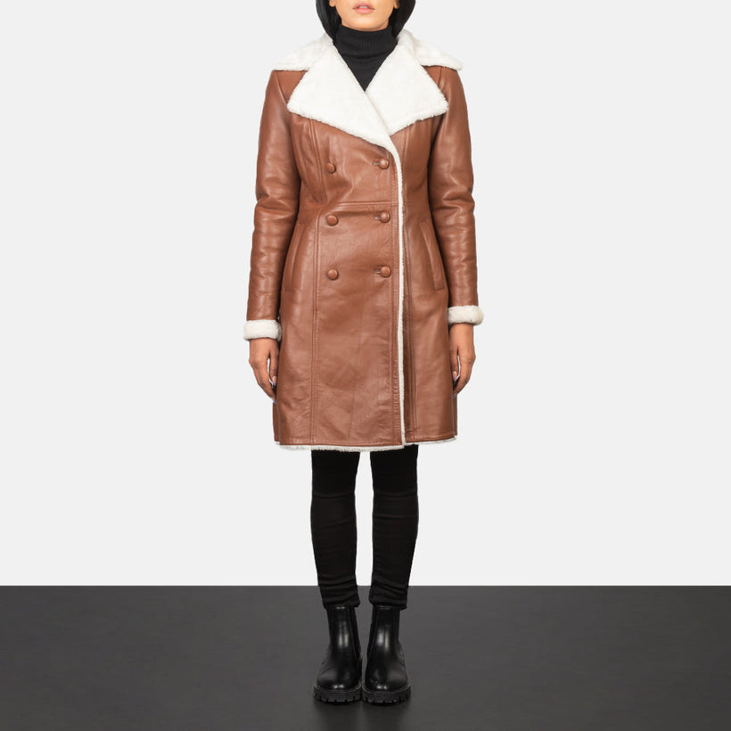 Amie Brun Double-Breasted Shearling Coat för Dam