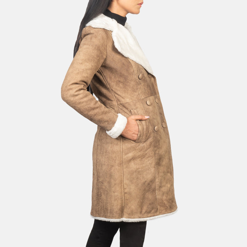 Amie Distressed Brun Double-Breasted Shearling Coat för Dam