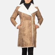 
Amie Distressed Brown Double Breasted Shearling Coat - Sidoprofil som visar ärmskärning