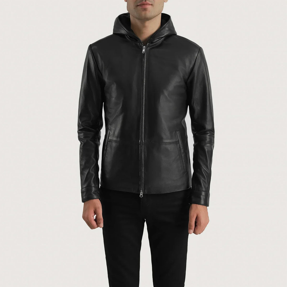 Men's Andy Matte Svart Hooded Läderjacka för Herr in Matte Black Sheepskin Leather - Front Profile View &amp; Tailored Silhouette | Buy Online