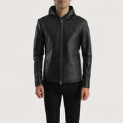 Men's Andy Matte Svart Hooded Läderjacka för Herr in Matte Black Sheepskin Leather - Front Profile View &amp; Tailored Silhouette | Buy Online