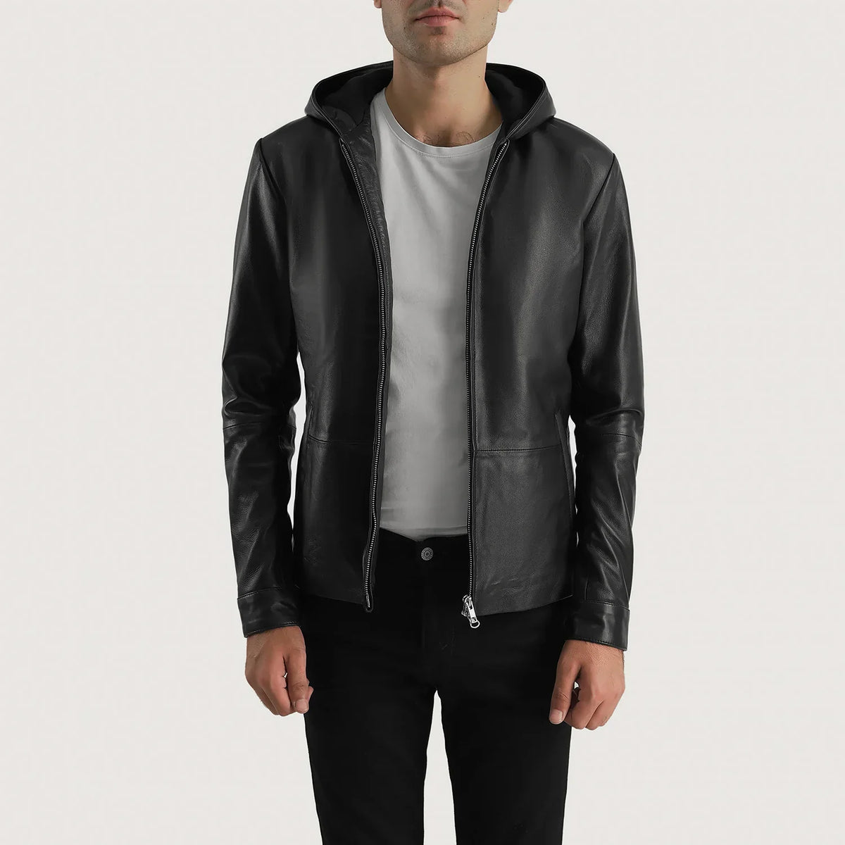 Men's Andy Matte Svart Hooded Läderjacka för Herr - Lateral Side Profile View Showing Sleeve Cut &amp; Athletic Taper Fit
