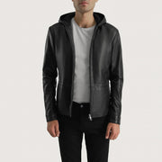 Men's Andy Matte Svart Hooded Läderjacka för Herr - Lateral Side Profile View Showing Sleeve Cut &amp; Athletic Taper Fit