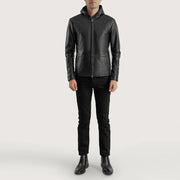Close-Up Detail of Hooded &amp; Zipper Hardware on Men's Andy Matte Svart Hooded Läderjacka för Herr