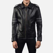 Armstrong Svart Bikerjacka i Läder för Herr in Black Cowhide Leather - Front Profile View &amp; Tailored Silhouette | Buy Online