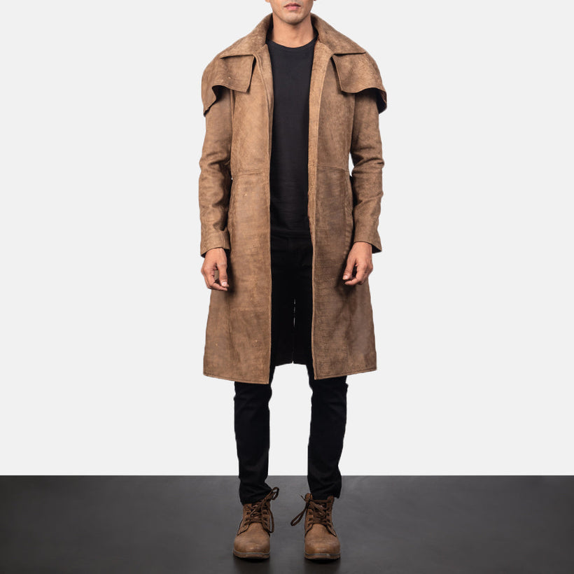 Army Brun Leather Duster för Herr
