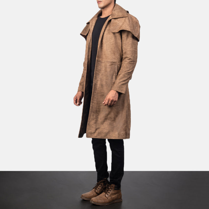 Army Brun Leather Duster för Herr