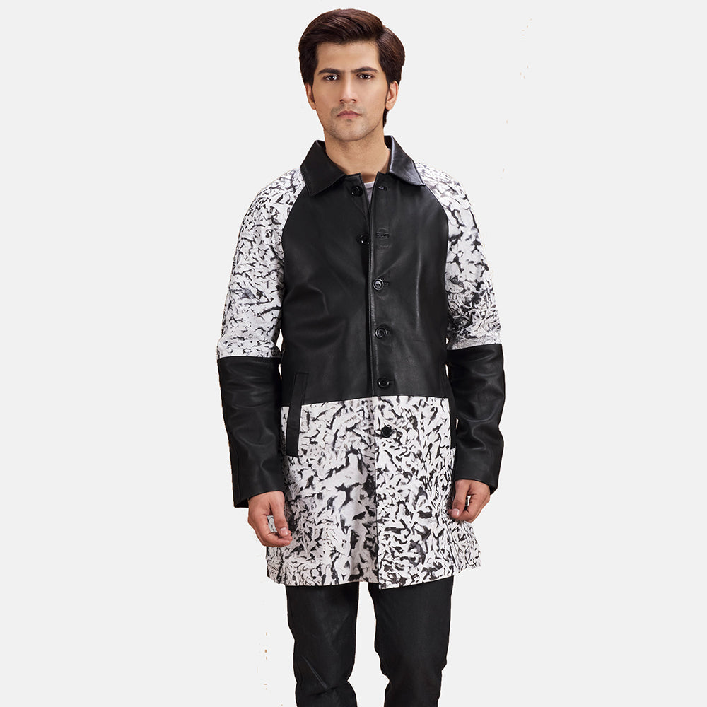 Men's Artistry Svart Dye Leather Coat för Herr in Black &amp; White Sheepskin Dip &amp;Amp; Dye - Front Profile View &amp; Tailored Silhouette | Buy Online