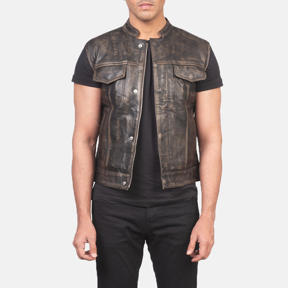 
Atlas Moto Distressed Brun Läderväst för Herr in Distressed Brown Sheepskin Leather - Framifrån med skräddarsydd silhuett | Handla online